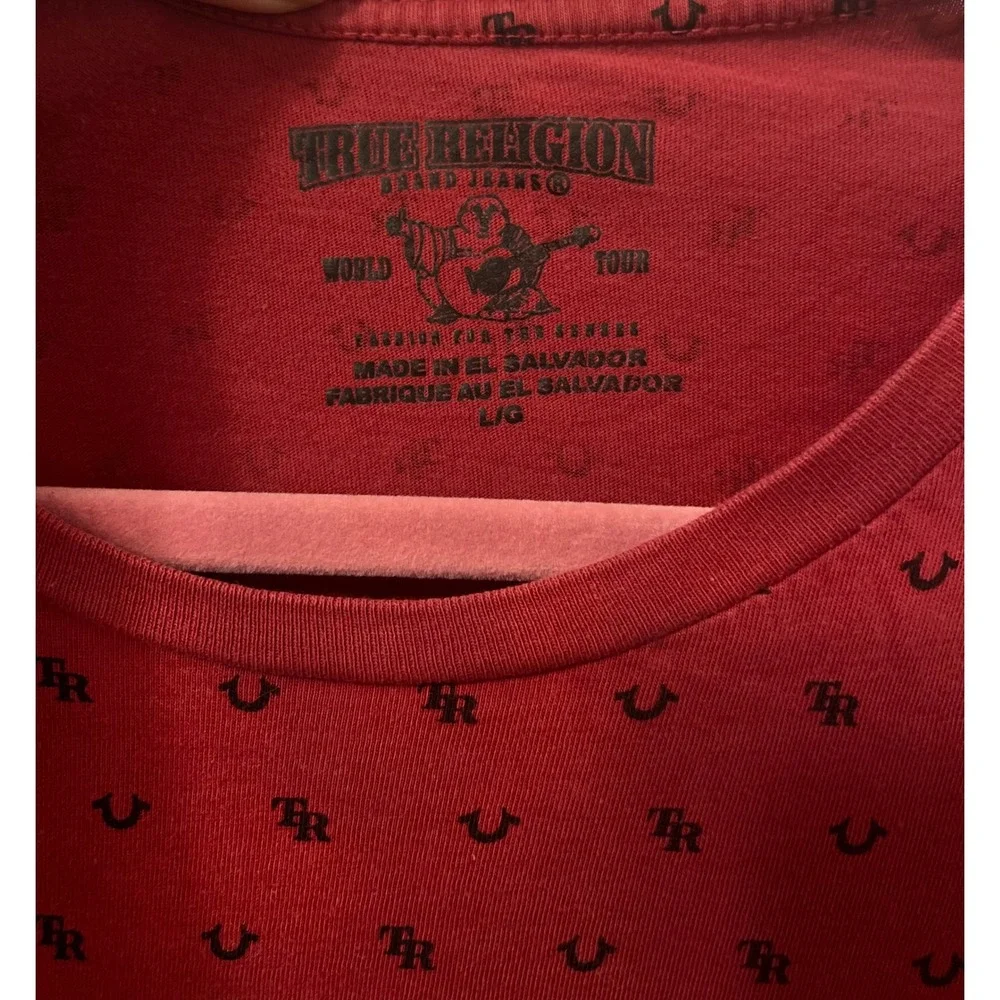 True Religion Mens Red All Over Print Horseshoe Logo T-Shirt Size Large L/G